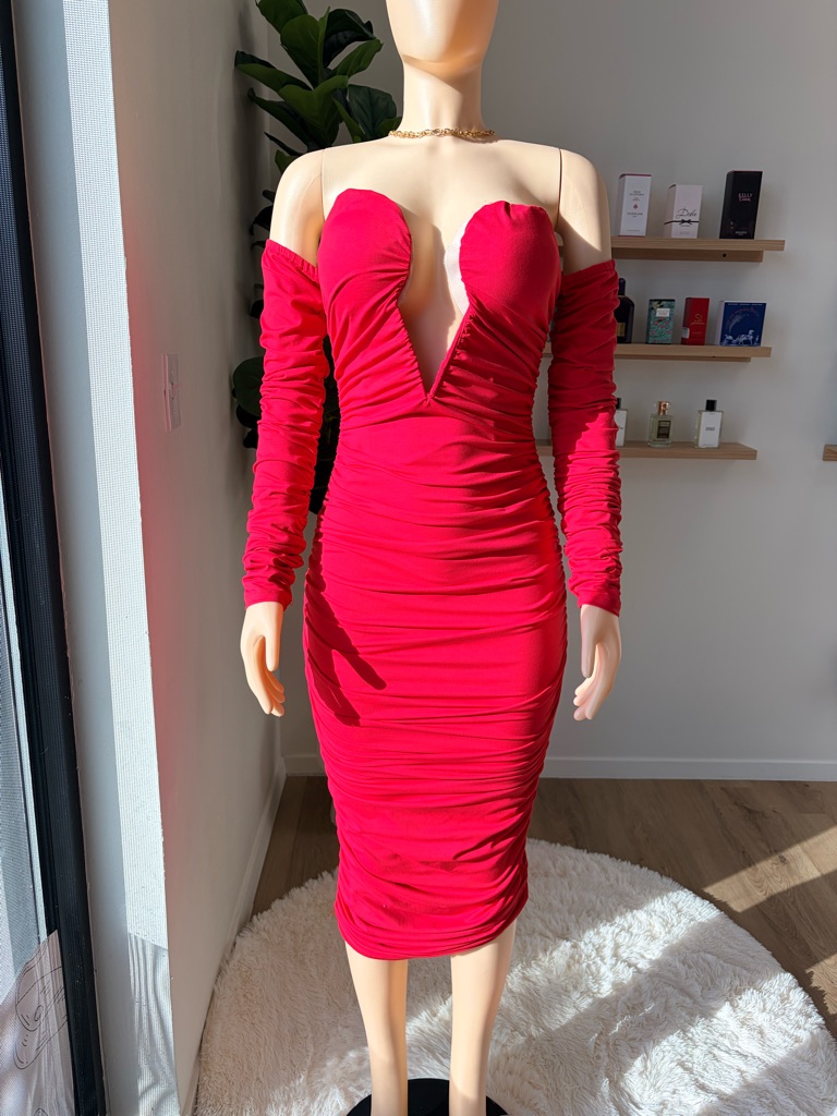 Club L London Hot Pink Off-Shoulder Ruched Bodycon Dress